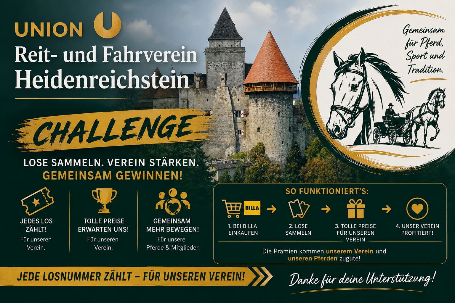 Plakat zur Vereins-Challenge: Lose sammeln bei BILLA für den Reit- und Fahrverein